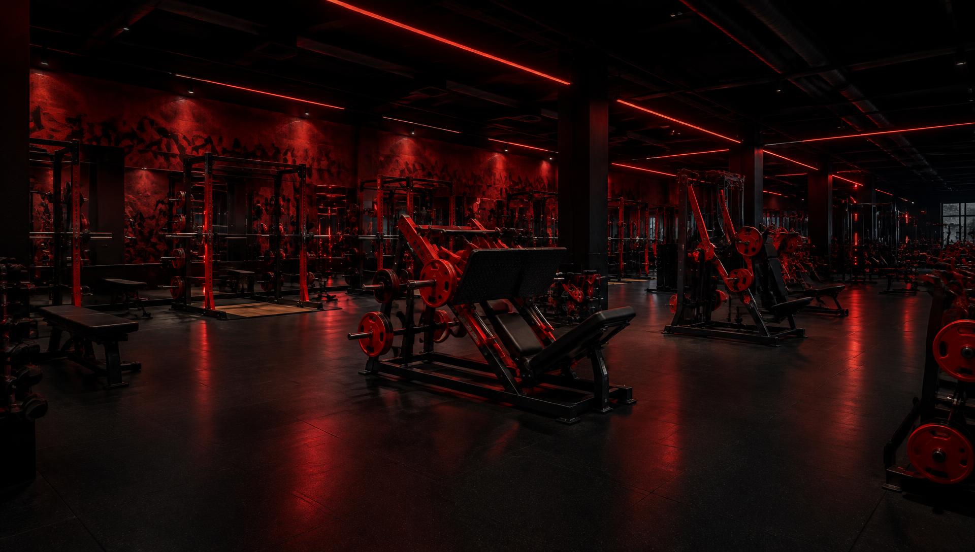Sala de entrenamiento de ON AIR Fitness iluminada en rojo